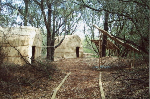 photo of wooded area with Indian structures built by Lockamy