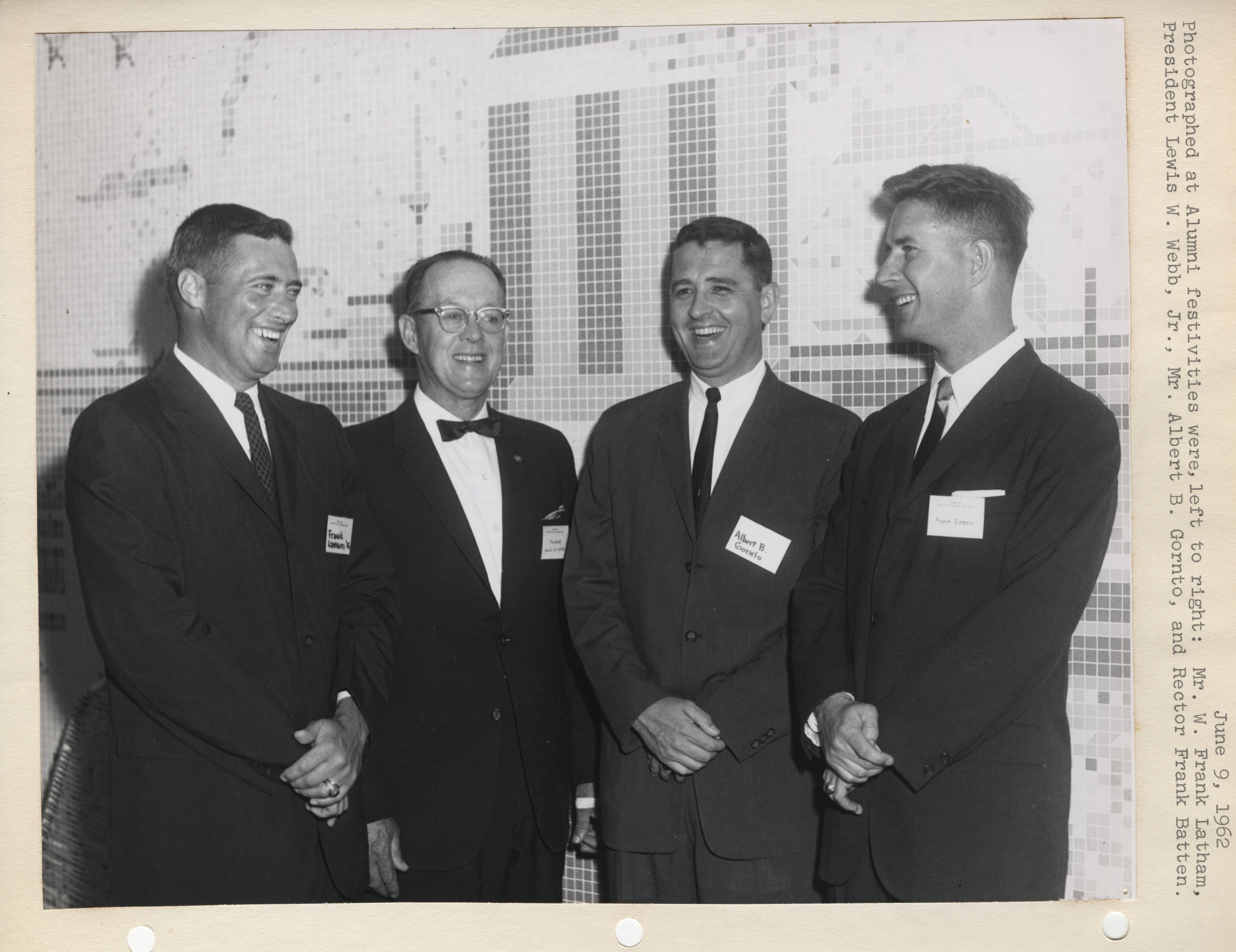 W. Frank Latham, President Webb, Albert Gornto, and Frank Batten at Alumni Event, June 9, 1962 