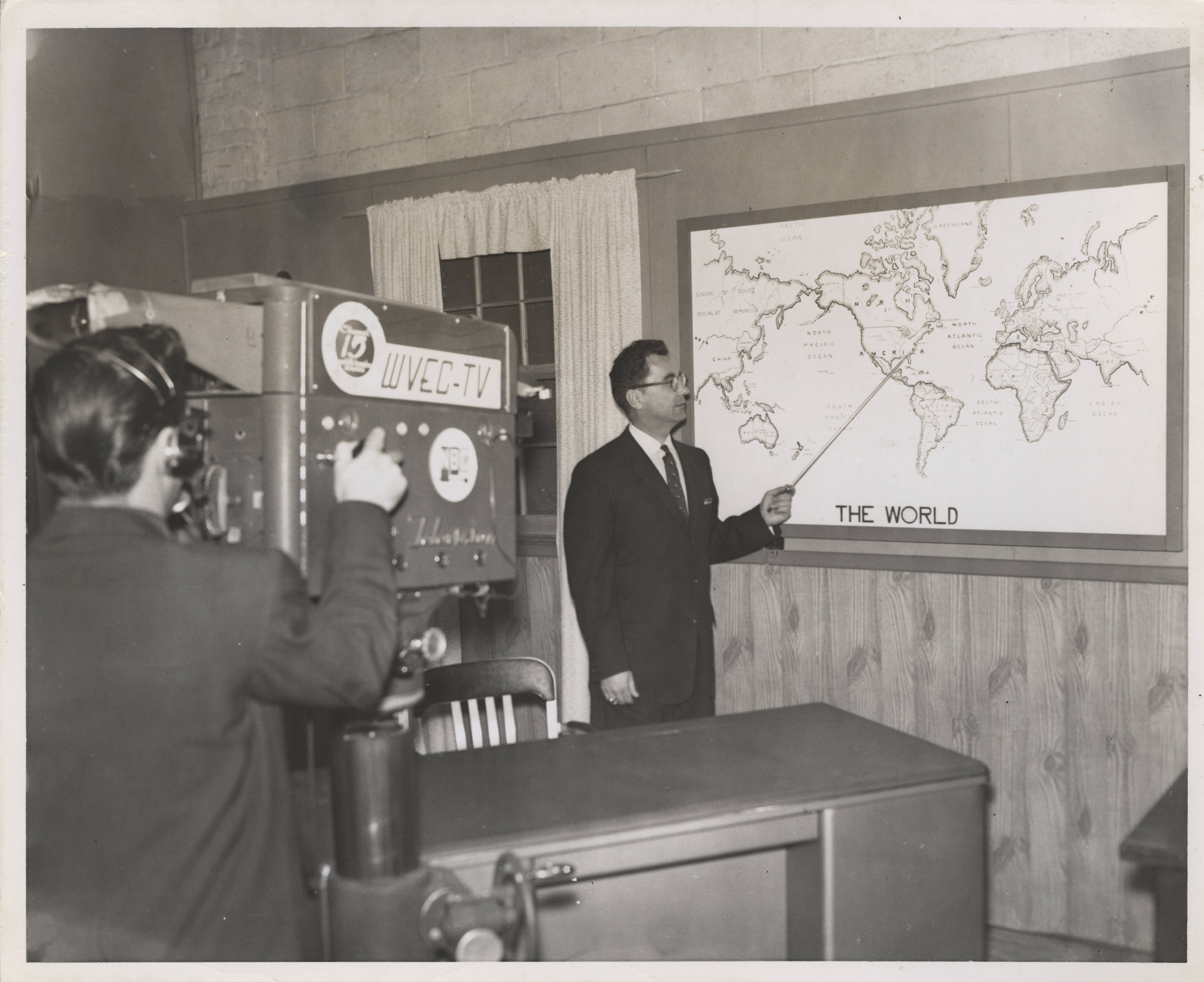 Dr. Stanley Pliska teaching world geography for a television program on WVEC, early 1960s.