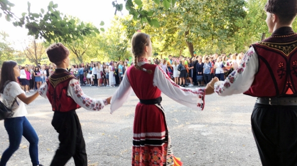 Bulgarian dancers performing traditional folk dance
