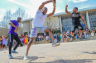 The brothers of the Tau Lambda Chapter of Omega Psi Phi Fraternity, Inc. recently held a step show during a crowded activity hour on Kaufman Mall. Photo Chuck Thomas/ODU