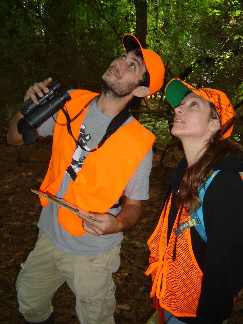 Photo in forest of bird surveyers Andrew Arnold and Joy Miller