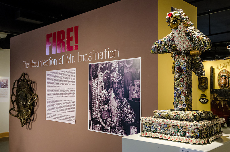 Photo of the title wall for the ODU exhibit of 'Fire!The Resurrection of Mr. Imagination'