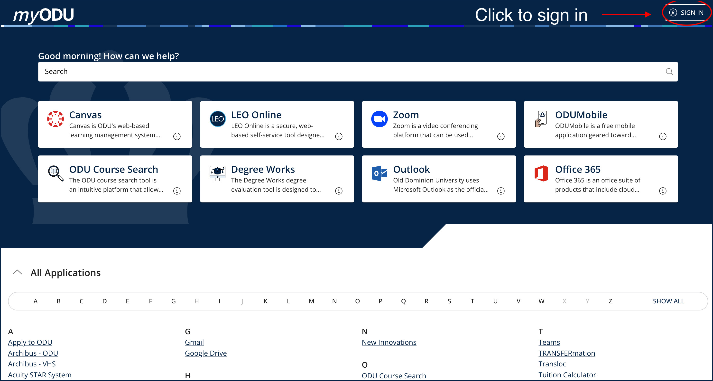 myODU sign-in screen