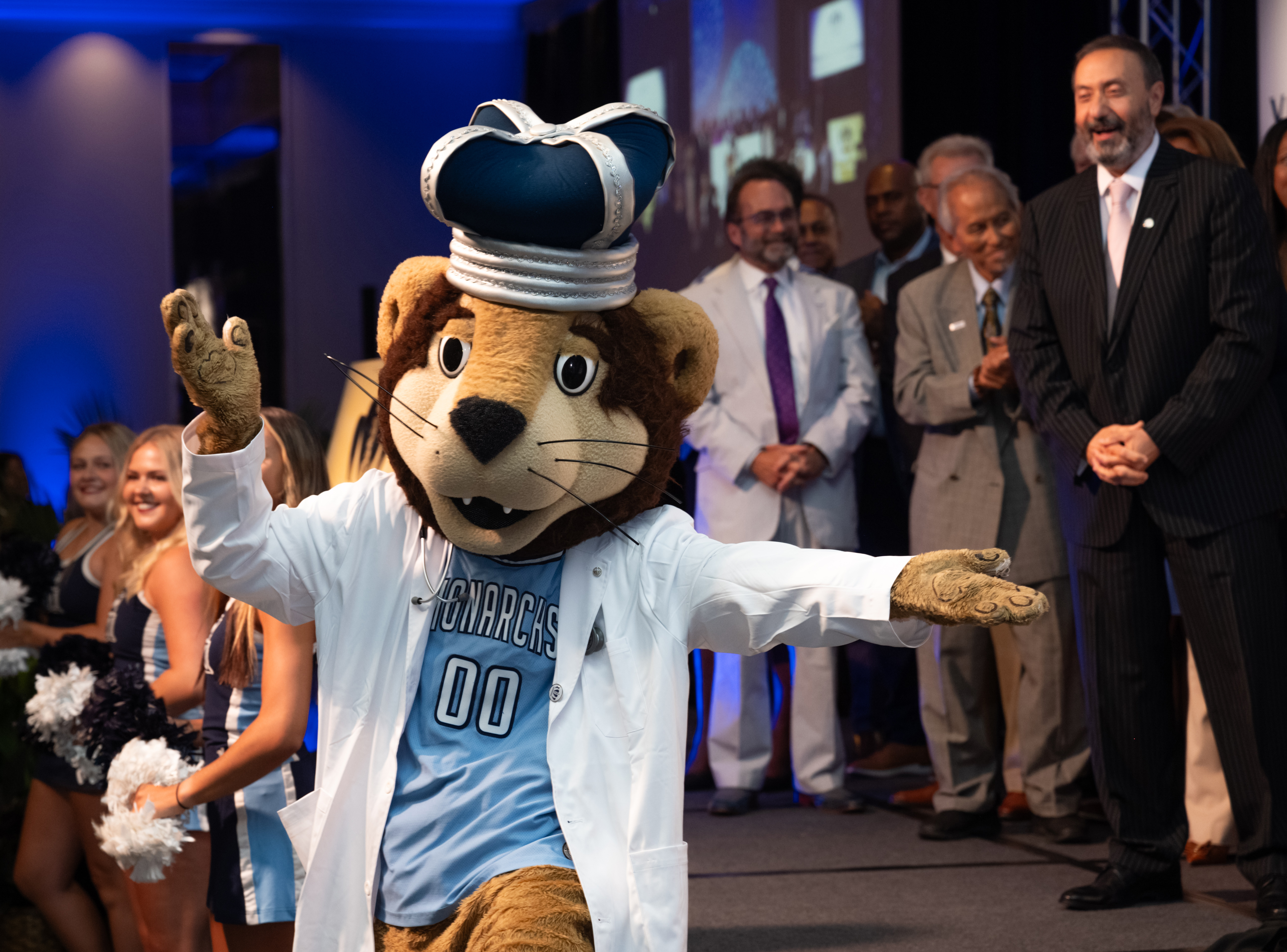 odu mascot in white lab coat