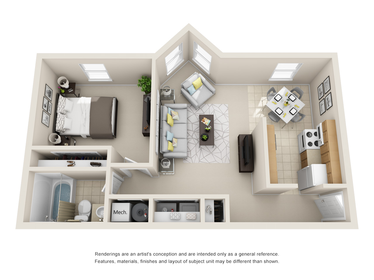 Floor plan of one bedroom apartment.