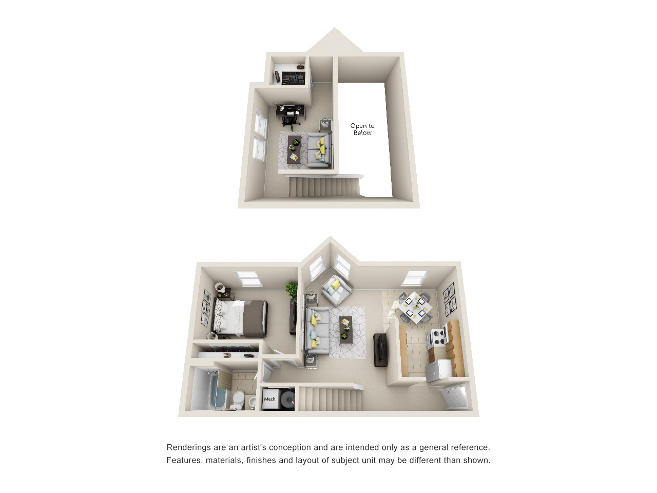 Floor plan of one bedroom, two floor loft apartment.