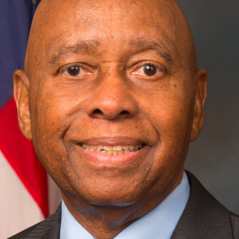 A Black male is posed in front of the American flag. 