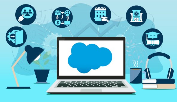 Illustration of a laptop displaying a cloud icon, surrounded by icons representing education, business operations, graduation, finance, and technology tools.