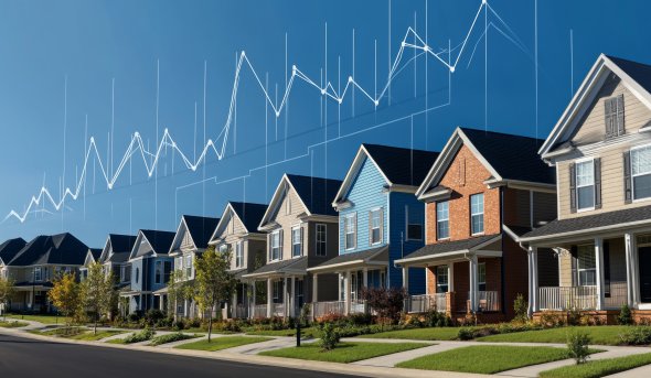 Row of houses with financial charts on top