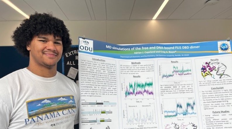 A young man stands by a chemistry poster.