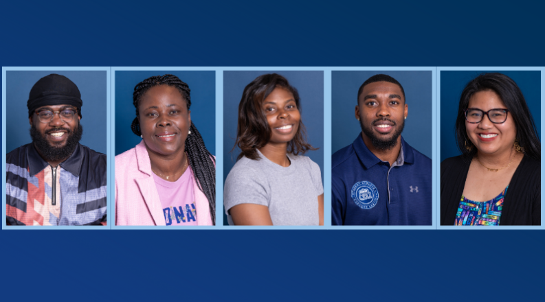 Five portraits on a blue background