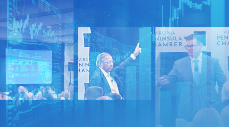 Photos of Vinod Agarwal and Bob McNab presenting at the Midyear Economic Forecast event.