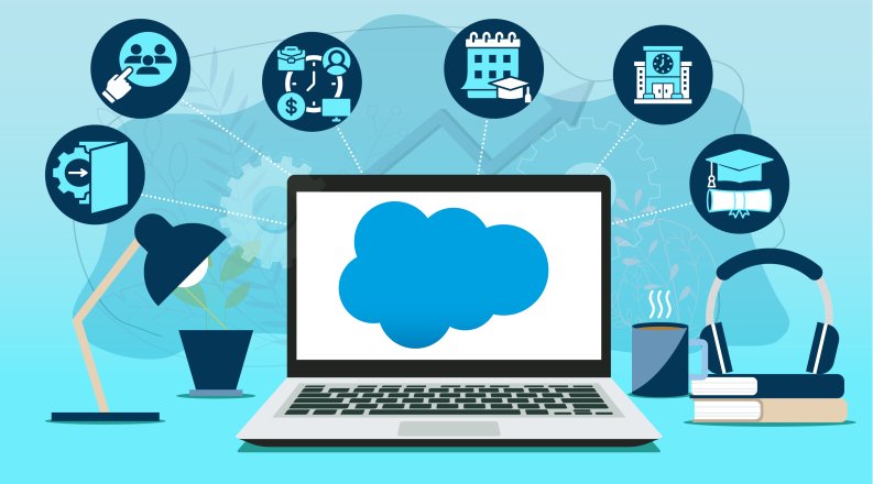 Illustration of a laptop displaying a cloud icon, surrounded by icons representing education, business operations, graduation, finance, and technology tools.