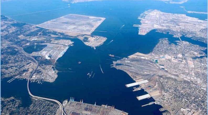 An aerial photo of Hampton Roads.