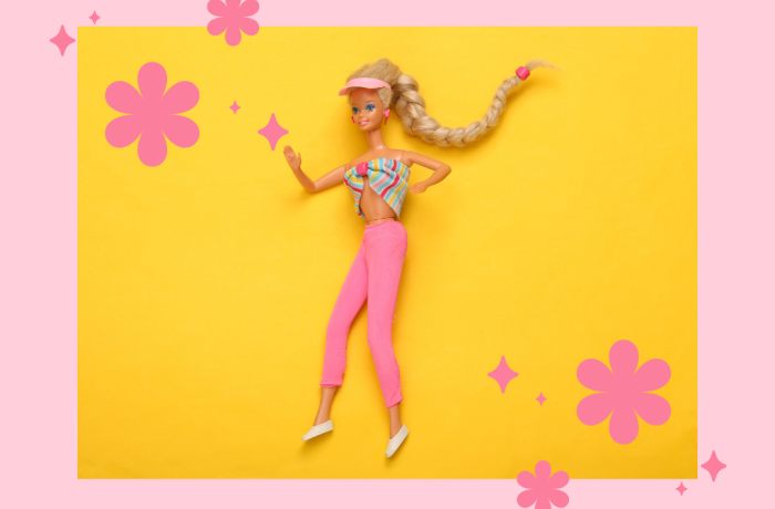 A Barbie doll on a yellow background.