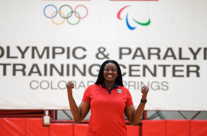 Photo of DeLisha Milton-Jones at an Olympic training facility.