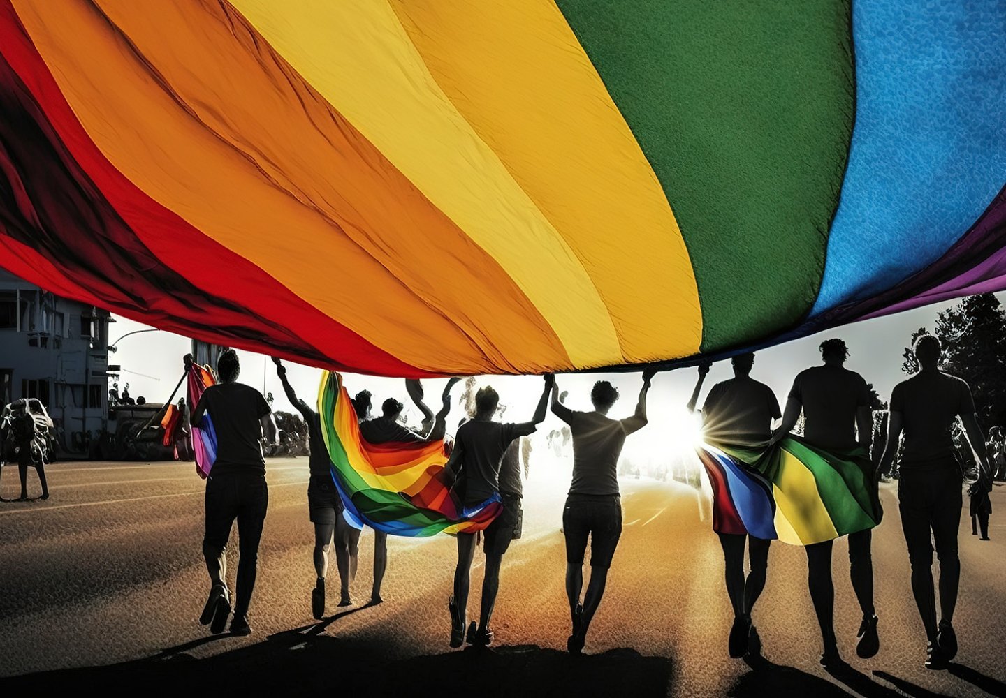 Silhouette of marchers at a Gay Pride Parade under a rainbow flag