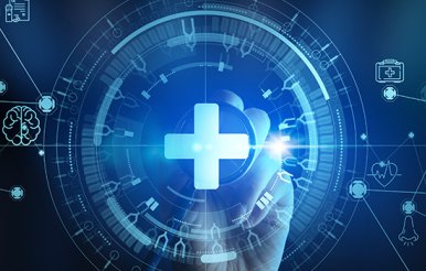 Healthcare icons and hand on stethoscope