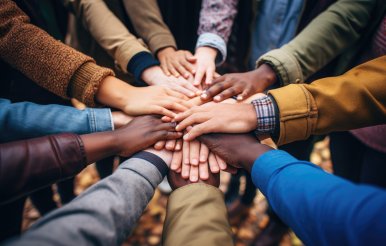 Arms outstretched in a circle with hands touching
