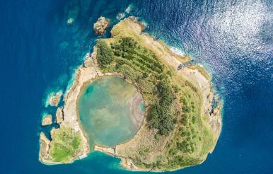 Top view of Islet of Vila Franca do Campo is formed by the c