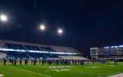 The ODU marching band performs on the field. 
