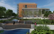 An exterior ground level view of the west side of the Biological Sciences rendering across from the new pond bridge that will be built as part of this project. 