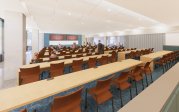 An interior rendering view of the new Lecture Hall looking east. 