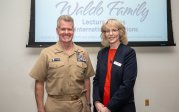 Adm. Samuel Paparo poses with the Laura Delbrugge, dean of Old Dominion University’s College of Arts and Letters.