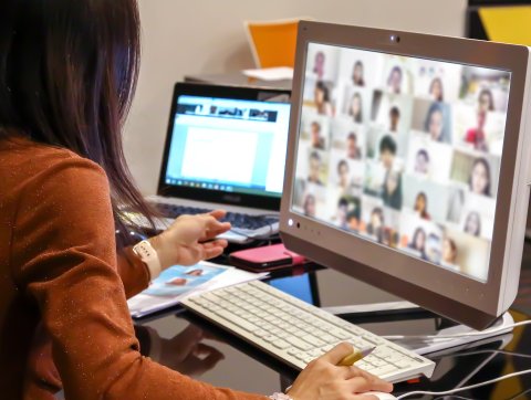 Female teacher are using computer laptop for online teaching students or online elearning ormeetings with webex or zoom program application.