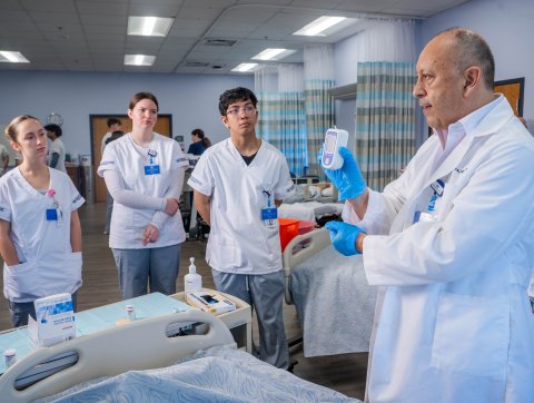 Images of nursing students learning procedures.