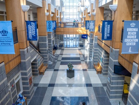 Second-floor view of the lobby inside the Ellmer School of Nursing at ODU.