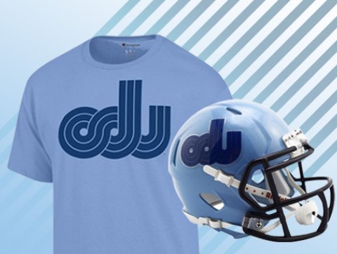odu t-shirt and mini football helmet with the odu racetrack logo