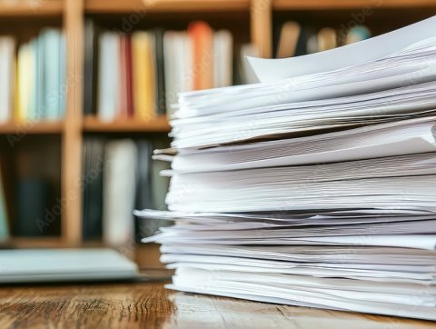 A stack of papers sitting on a desk inside a library. 