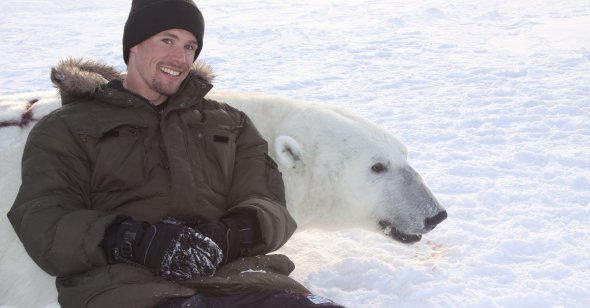 Assistant Professor John Whiteman laying with an adult polar bear