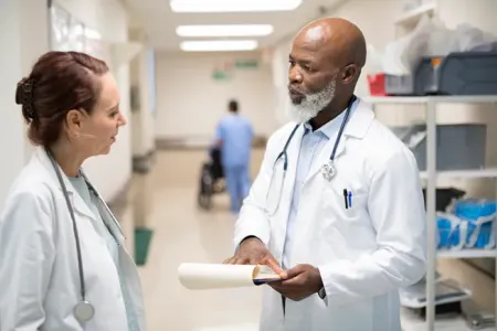 Two doctors discuss a chart in a hospital hallway.