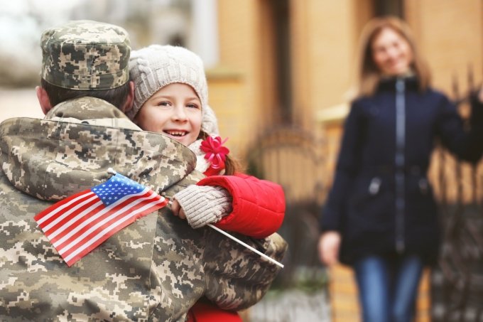 Happy reunion of soldier with family outdoors