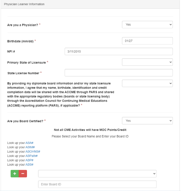 Physician Learner Information module with fields: Birthdate,
