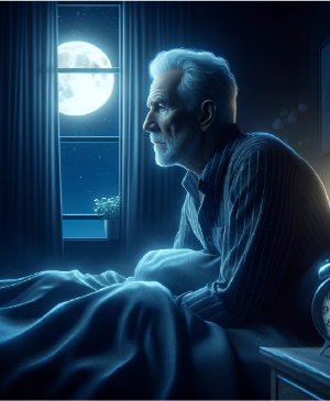 Graphic of older man sitting up in bed, full moon outside hi