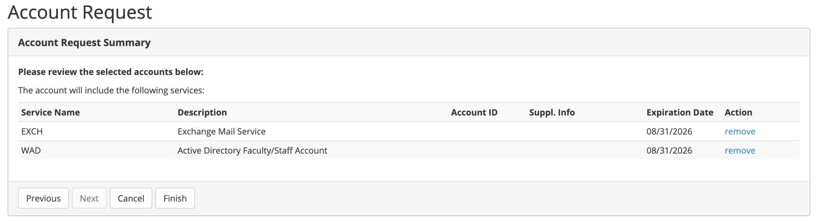 Account request summary